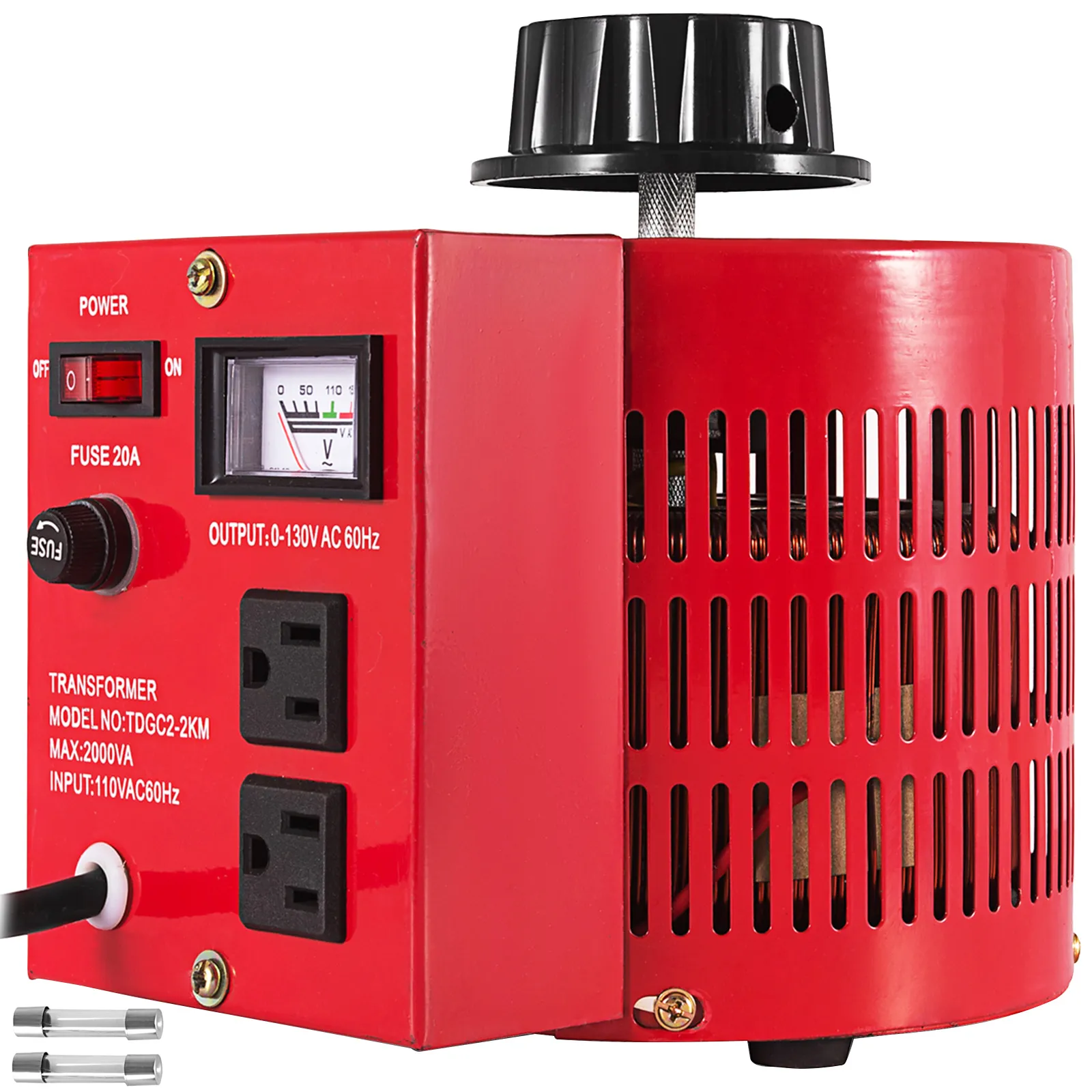 Transformador variable VEVOR rojo con dial, interruptor de encendido, medidores y dos salidas negras.