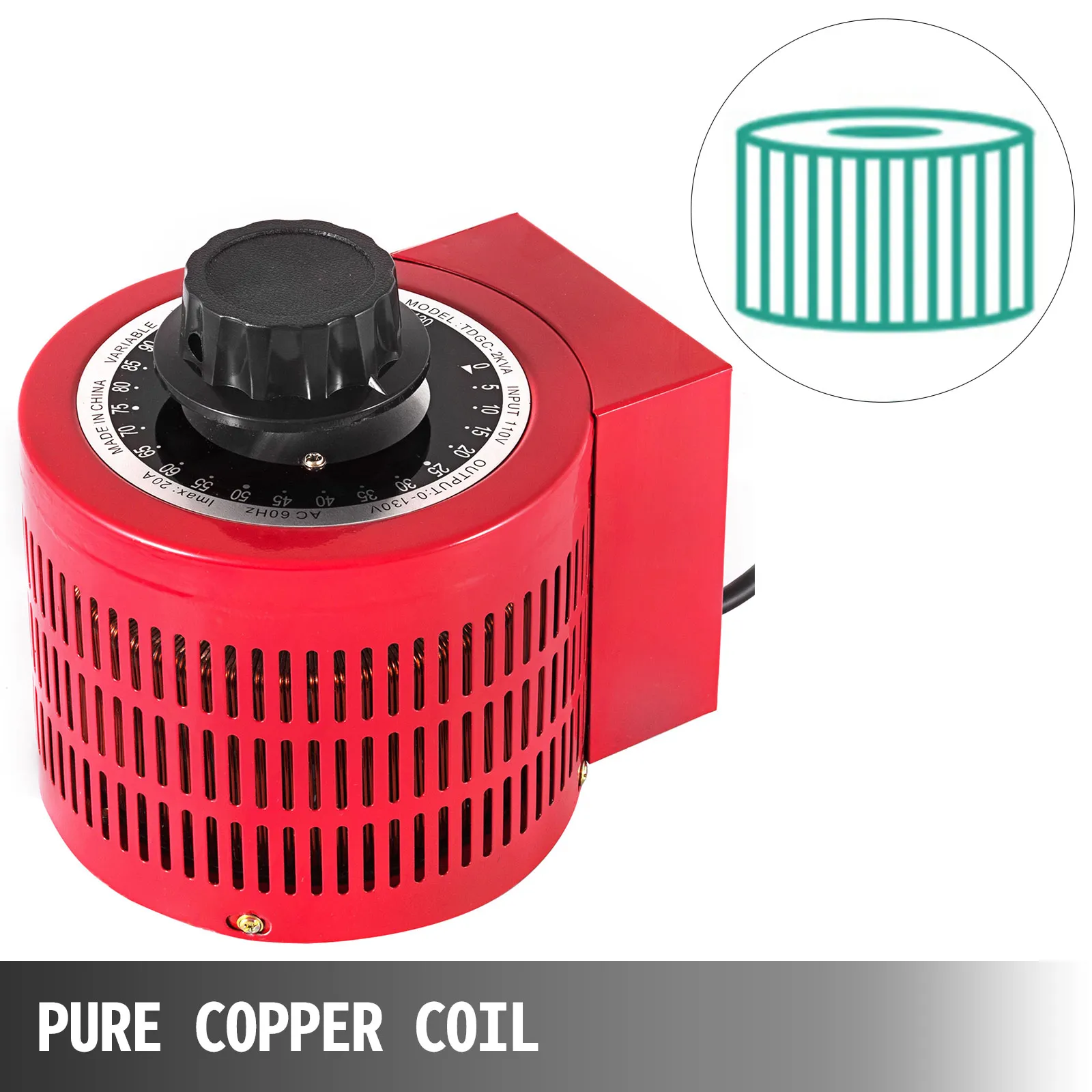 Transformador variable VEVOR con bobina de cobre puro, carcasa roja y dial de ajuste.