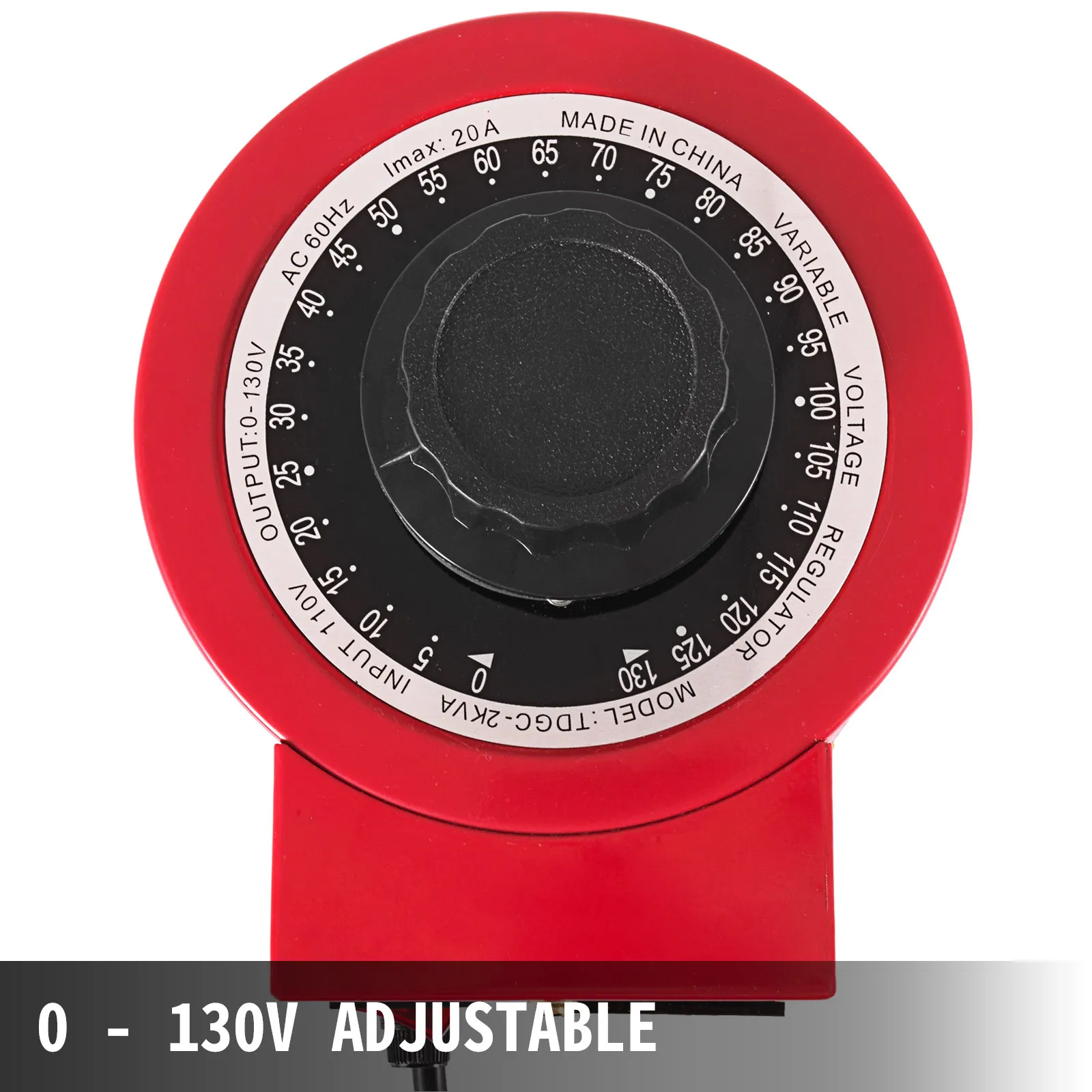 Transformador variable VEVOR rojo con dial y configuraciones de voltaje ajustables de 0 a 130 V.