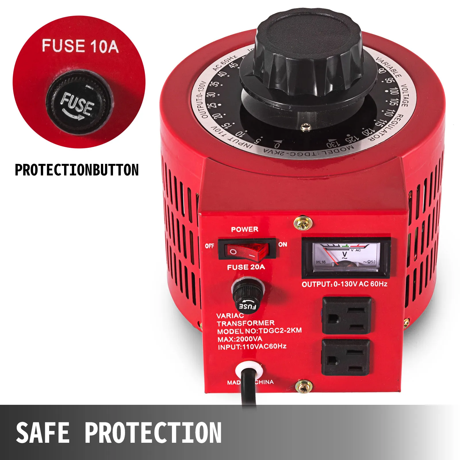 Transformador variable VEVOR rojo con interruptor de encendido, dial de voltaje y fusible de seguridad.