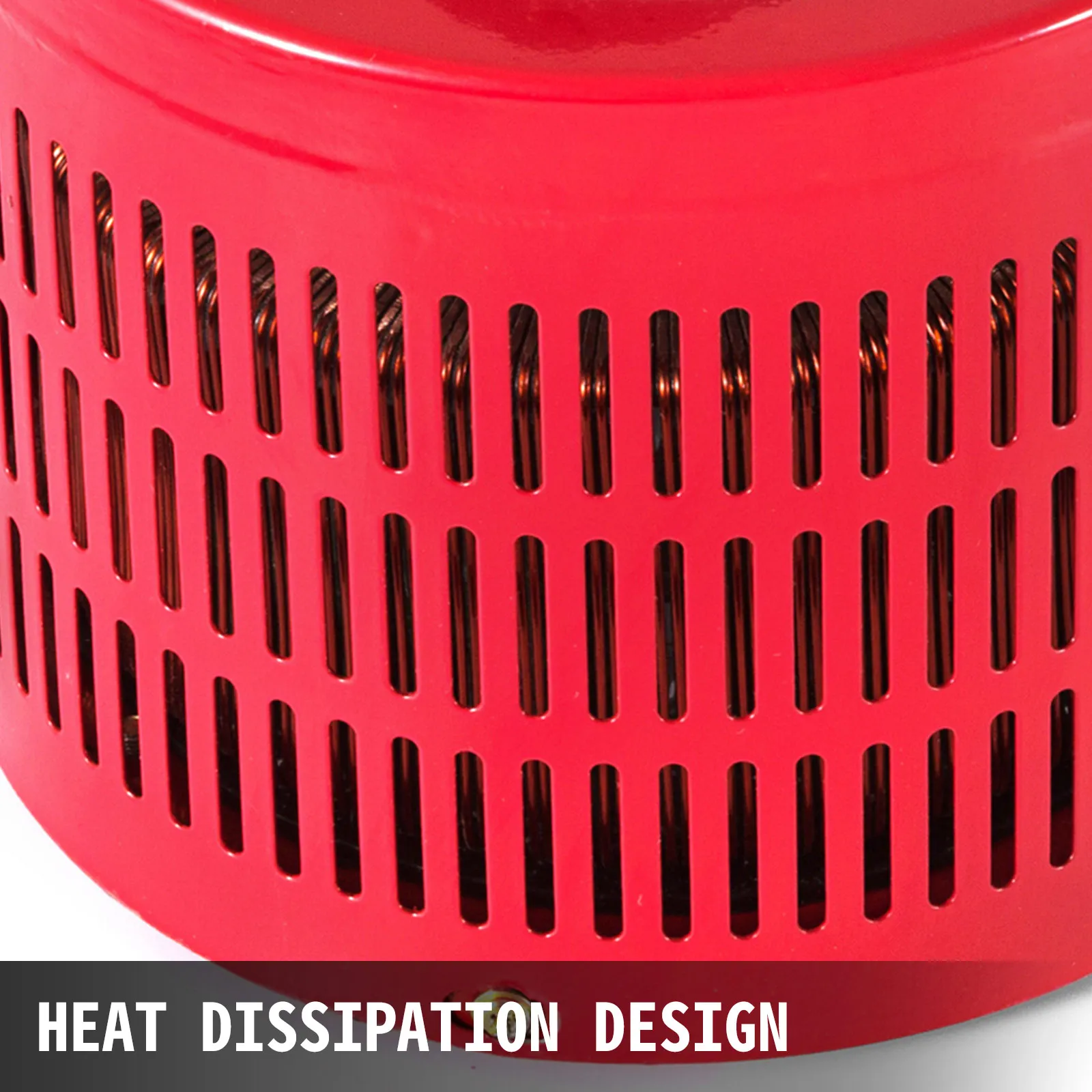 Transformador variable VEVOR rojo con diseño de disipación de calor en vista de primer plano.