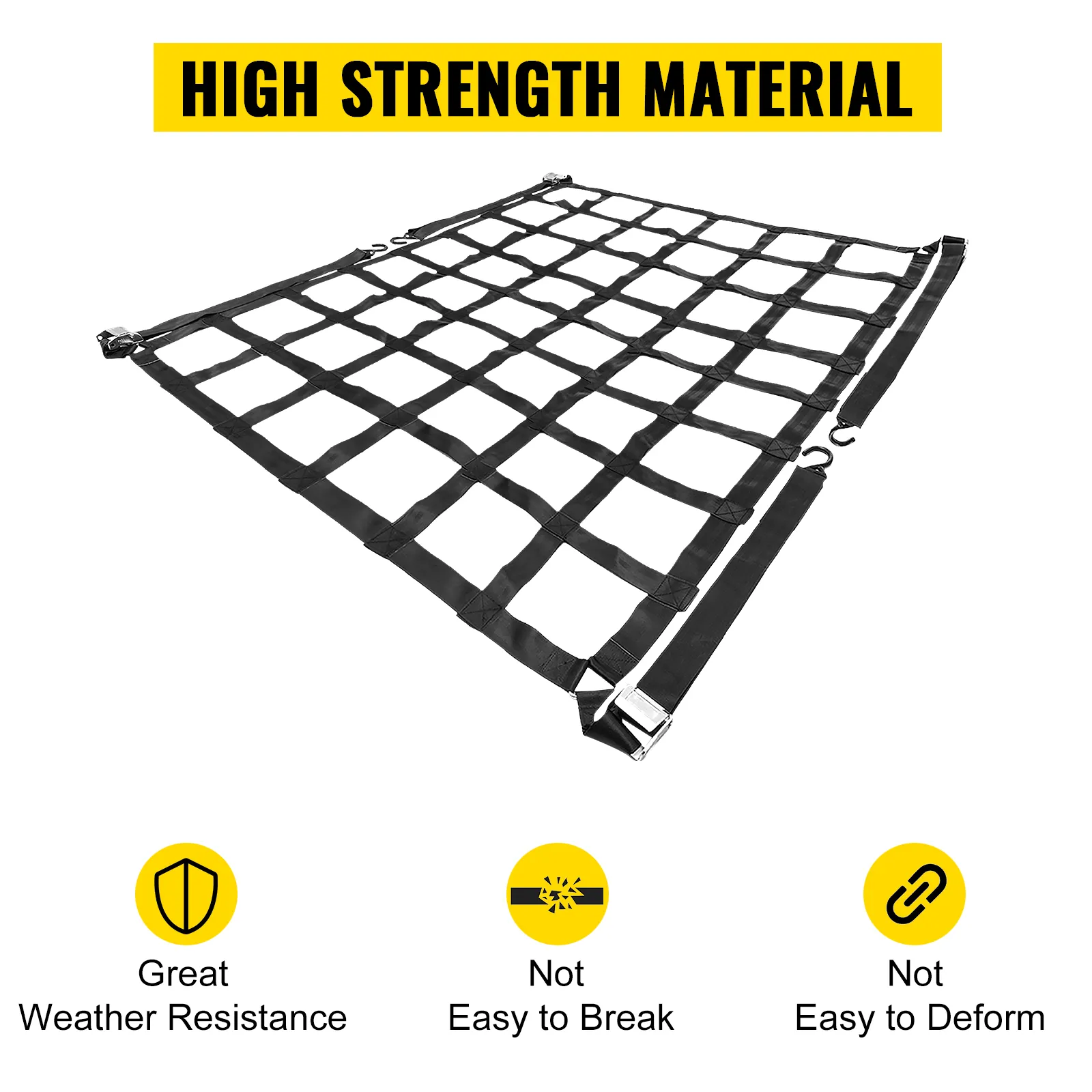 VEVOR cargo net: high strength material, weather-resistant, durable, not easy to deform.