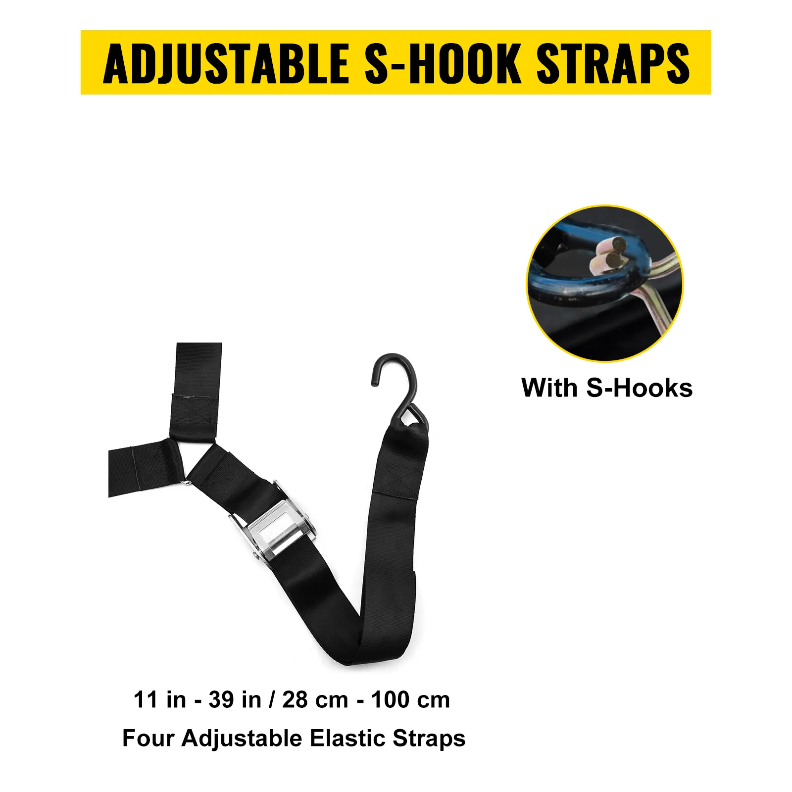 adjustable s-hook straps for VEVOR cargo net, 11-39 in / 28-100 cm. four elastic straps.