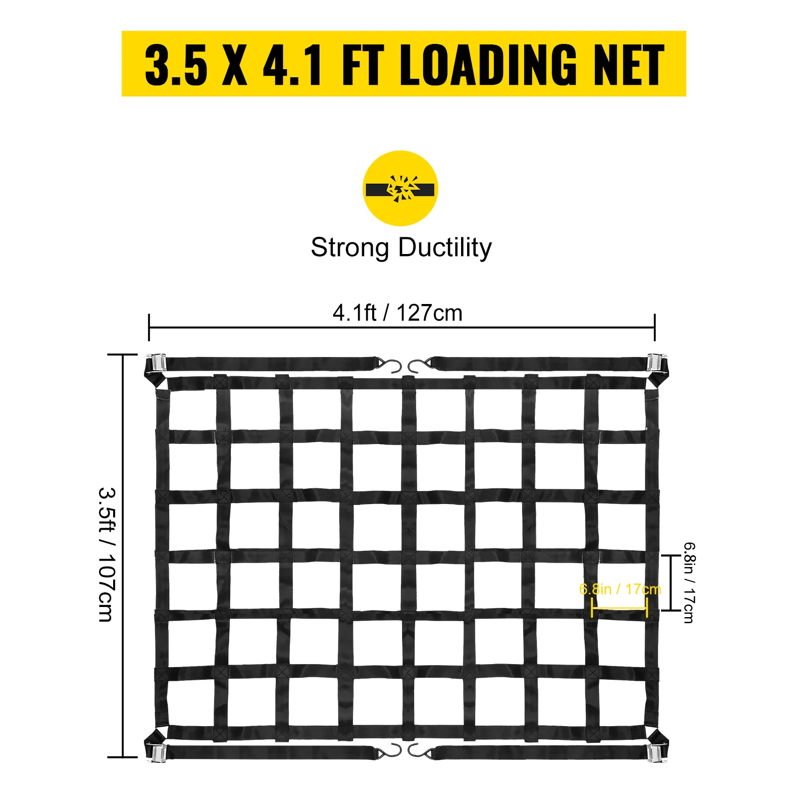 VEVOR cargo net measuring 3.5 x 4.1 ft with strong ductility and 6.8-inch grid size.