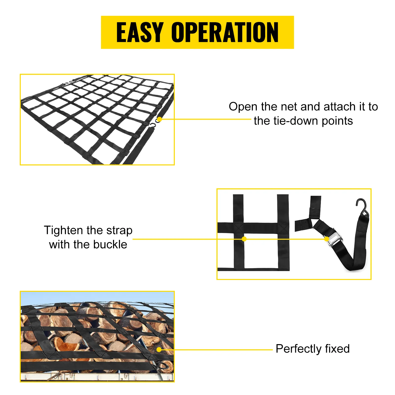 VEVOR cargo net installation and operation guide for securing loads easily.