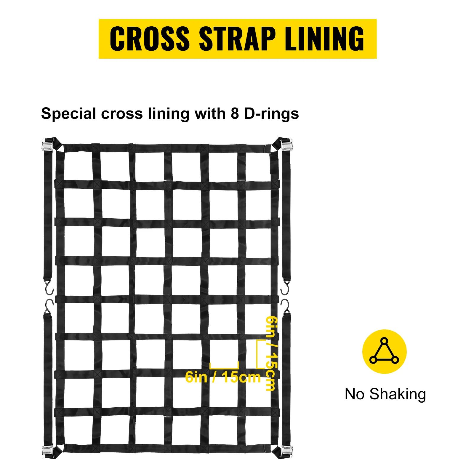 VEVOR cargo net with 8 d-rings, cross strap lining, 15cm grid, no shaking.