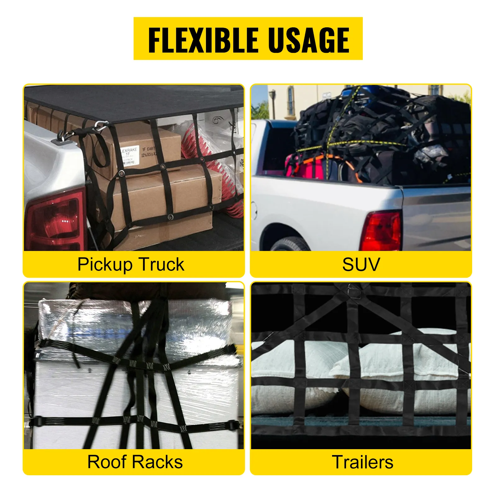 flexible usage of VEVOR cargo net on pickup trucks, suvs, roof racks, and trailers.