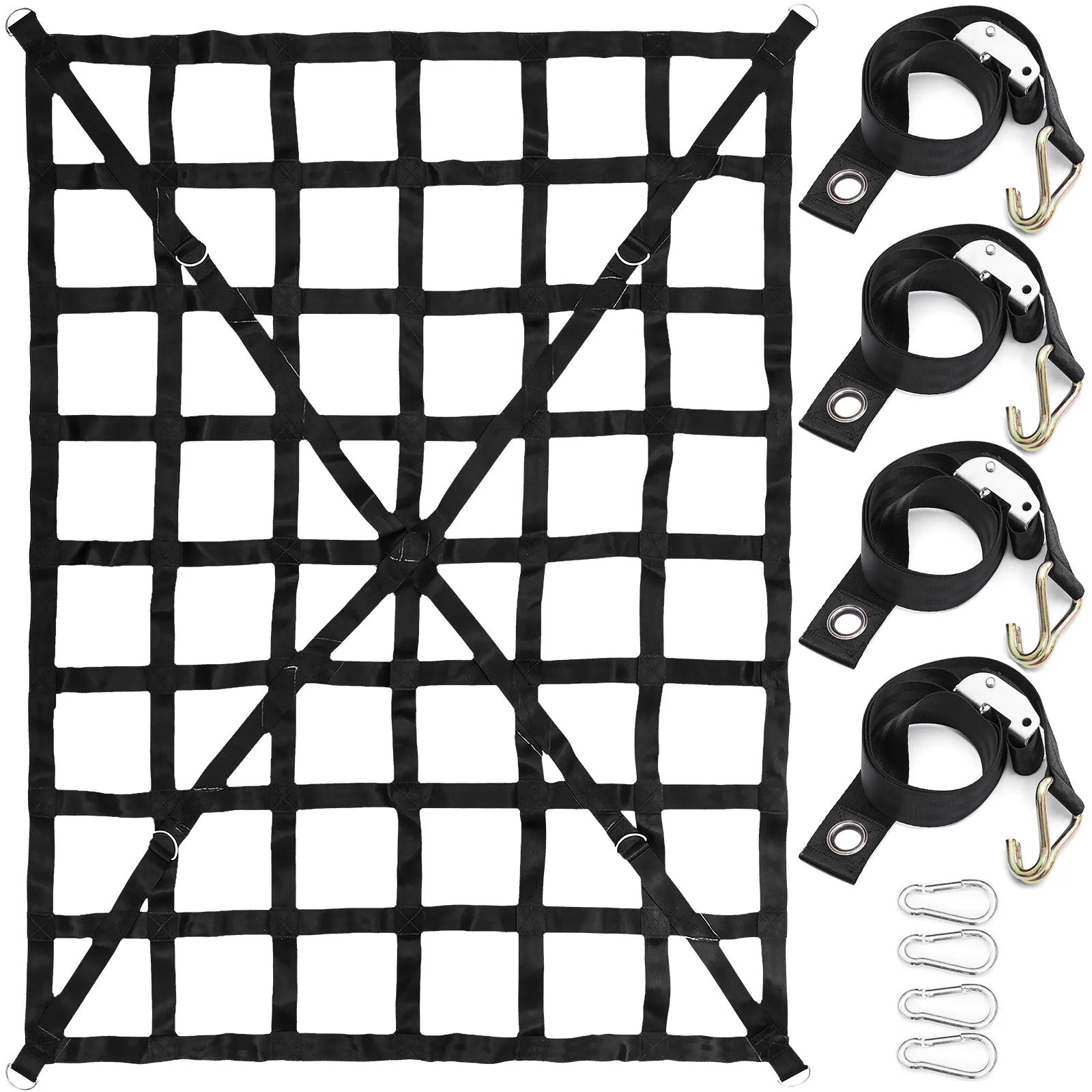 Red de carga VEVOR con cuatro correas ajustables y mosquetones metálicos.