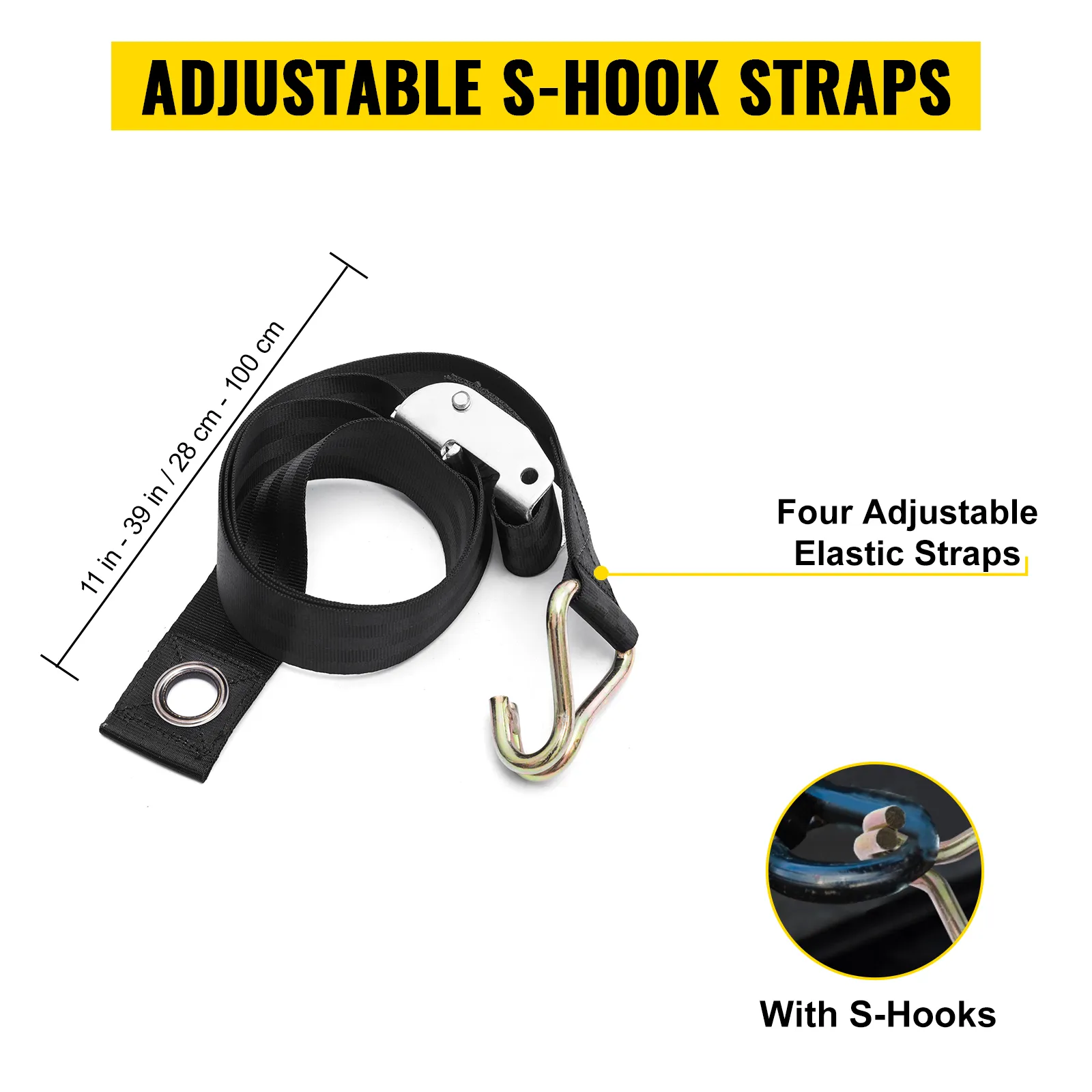 Correas ajustables con gancho en S con cuatro correas elásticas para red de carga VEVOR, 11-39 pulgadas.