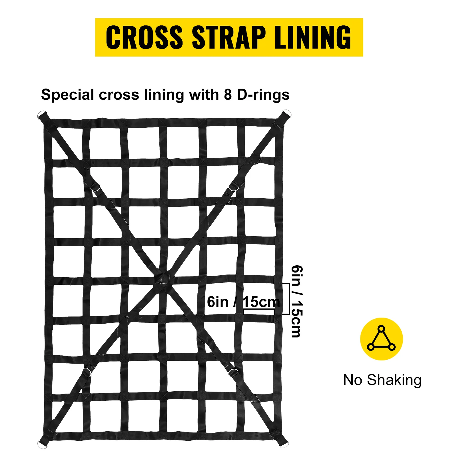 VEVOR cargo net with cross strap lining, 8 d-rings, 6in x 6in grid.