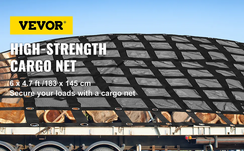Red de carga VEVOR que asegura troncos en un remolque, con dimensiones y detalles de la marca.