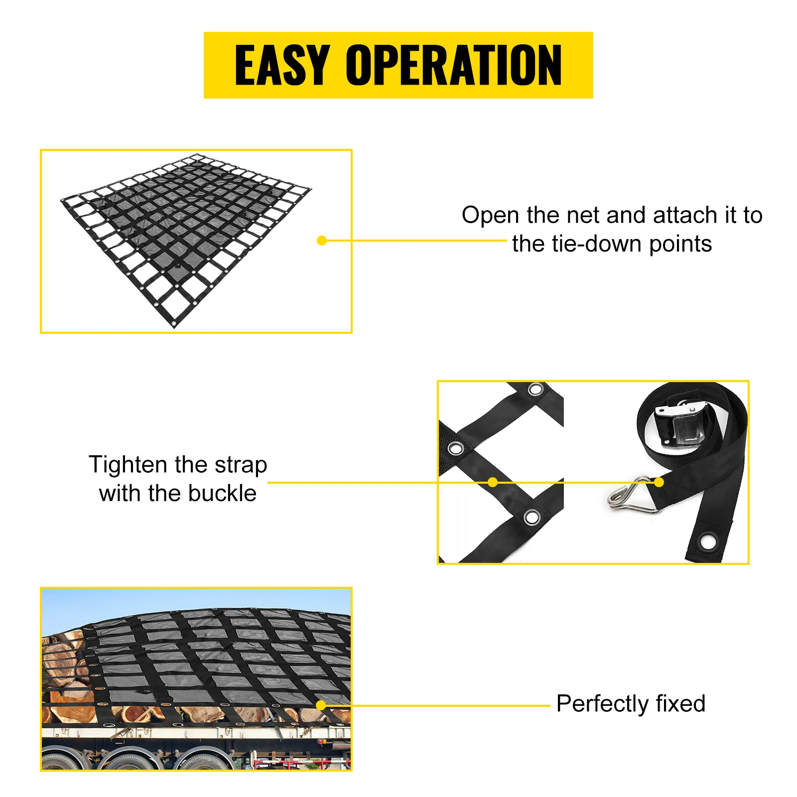 Red de carga VEVOR con sencillos pasos de operación: abrir, colocar, abrochar y fijar de forma segura.