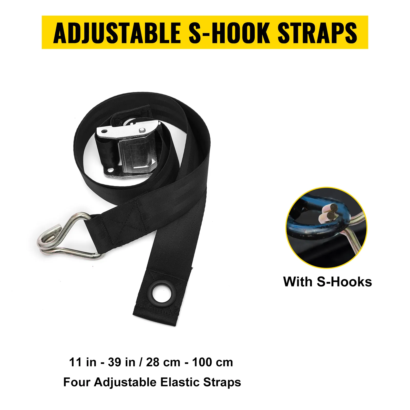 VEVOR cargo net adjustable s-hook straps, 11-39 in, elastic, black.