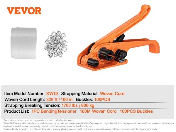 VEVOR banding strapping kit with tensioner, 100m woven cord, and 100pcs buckles.