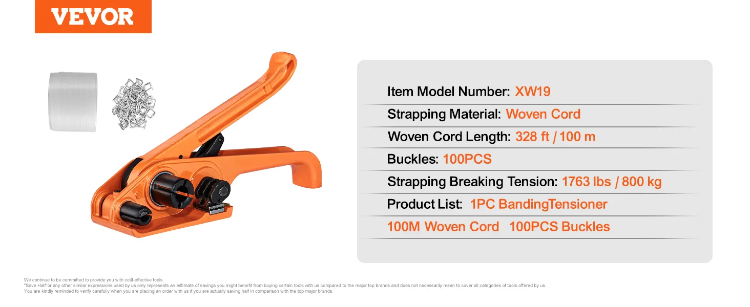 VEVOR banding strapping kit with tensioner, 100m woven cord, and 100pcs buckles.