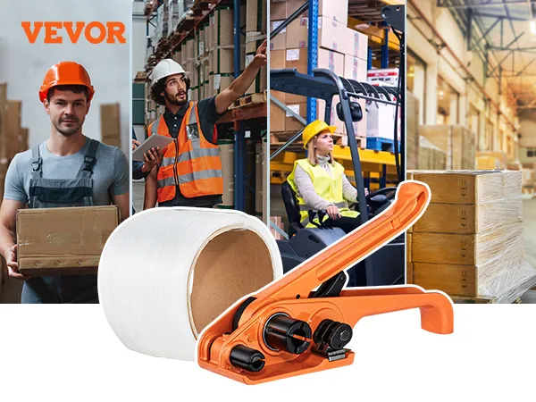warehouse workers using VEVOR banding strapping kit for cargo pallet packing and shipment management.