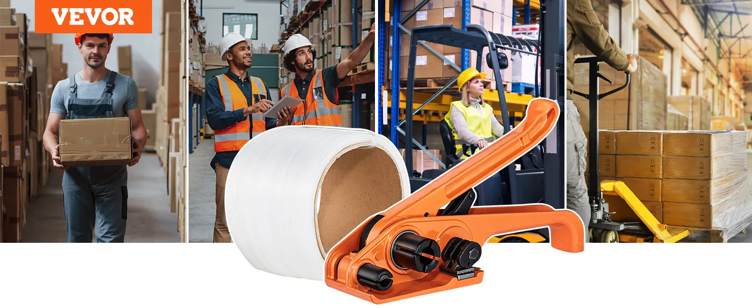 warehouse workers using VEVOR banding strapping kit for cargo pallet packing and shipment management.