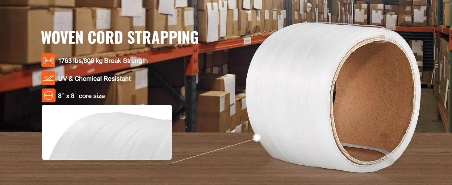 VEVOR banding strapping kit with 1763 lbs break strength, uv & chemical resistant, 8"x8" core size.