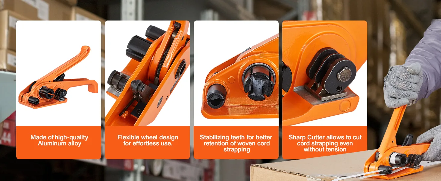 VEVOR banding strapping kit with aluminum alloy, flexible wheel design, stabilizing teeth, sharp cutter.