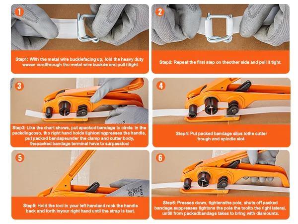 steps to use VEVOR banding strapping kit: threading, tightening, and securing package with straps.