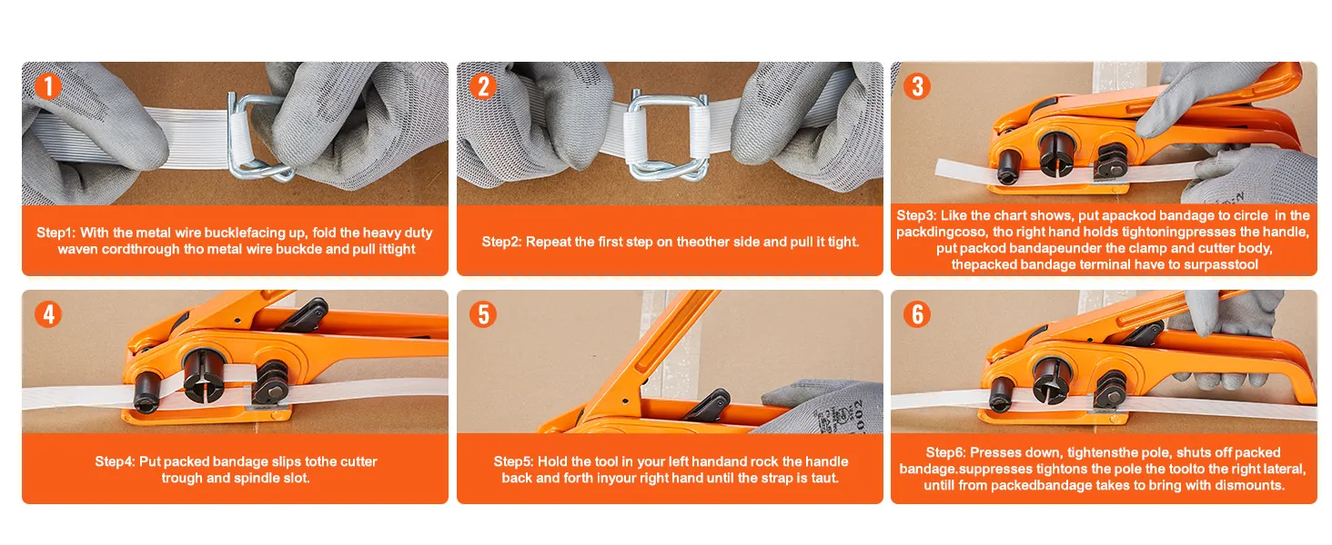 steps to use VEVOR banding strapping kit: threading, tightening, and securing package with straps.