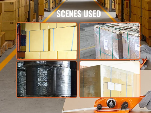warehouse packaging scenes with VEVOR banding strapping kit in use.
