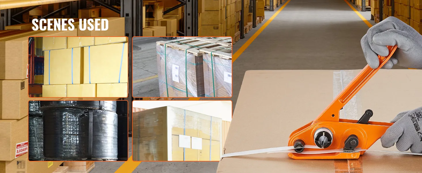 warehouse packaging scenes with VEVOR banding strapping kit in use.