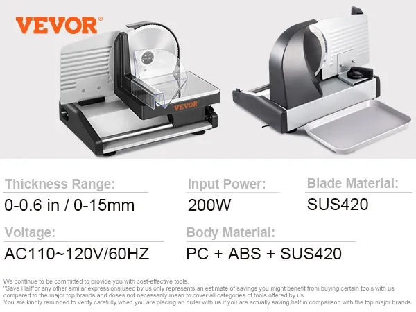 Cortadora de carne VEVOR en una encimera de cocina con pan, verduras y carne cerca.
