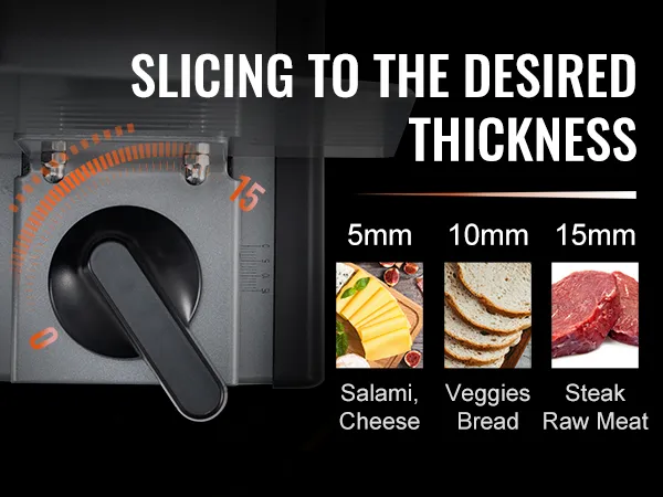 Cortadora de carne VEVOR que muestra configuraciones de grosor ajustables: 5 mm (salami, queso), 10 mm (verduras, pan), 15 mm (bistec, carne cruda).
