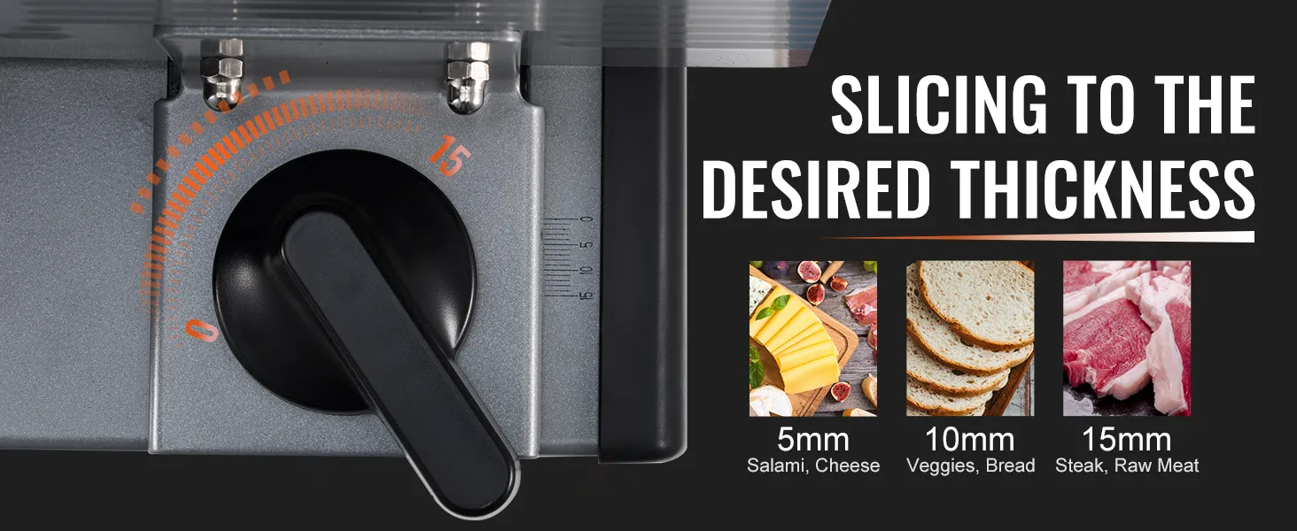 Cortadora de carne VEVOR que muestra configuraciones de grosor ajustables: 5 mm (salami, queso), 10 mm (verduras, pan), 15 mm (bistec, carne cruda).