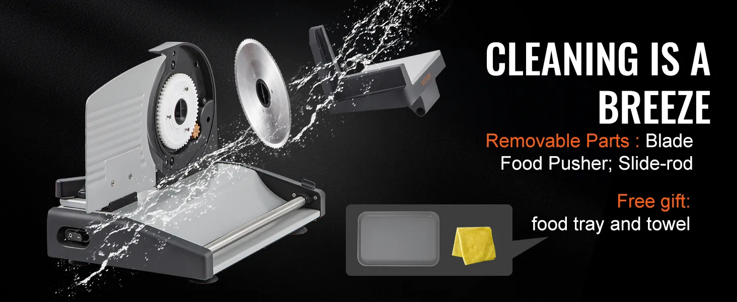 Cortadora de carne VEVOR con piezas extraíbles y bandeja de comida y toalla gratuitas para una fácil limpieza.