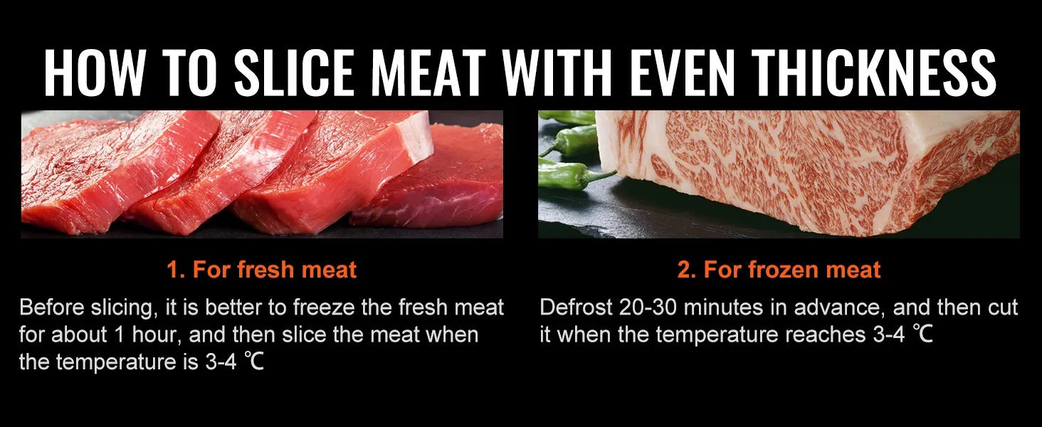 Cómo cortar carne con un grosor uniforme usando la cortadora de carne VEVOR; consejos para la preparación de carne fresca y congelada.