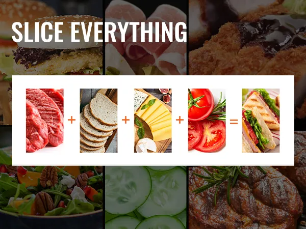 Anuncio de cortadora de carne VEVOR que muestra varios alimentos como carne de res, pan, queso, tomates y un sándwich.