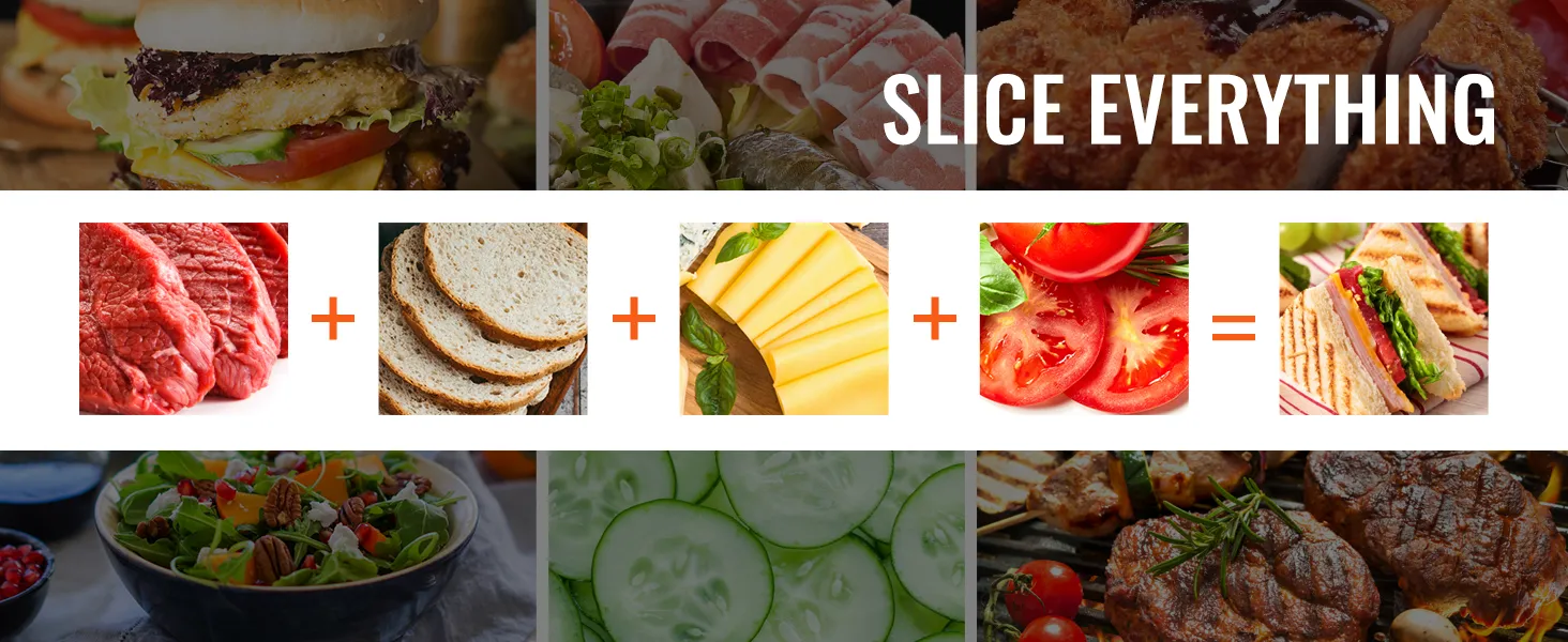 Anuncio de cortadora de carne VEVOR que muestra varios alimentos como carne de res, pan, queso, tomates y un sándwich.