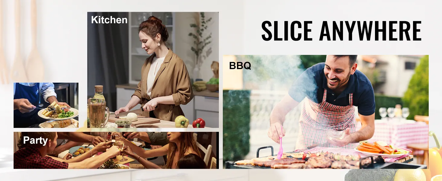 Cortadora de carne VEVOR: perfecta para preparar comidas en la cocina, barbacoas y reuniones de fiesta. Corta en cualquier lugar.