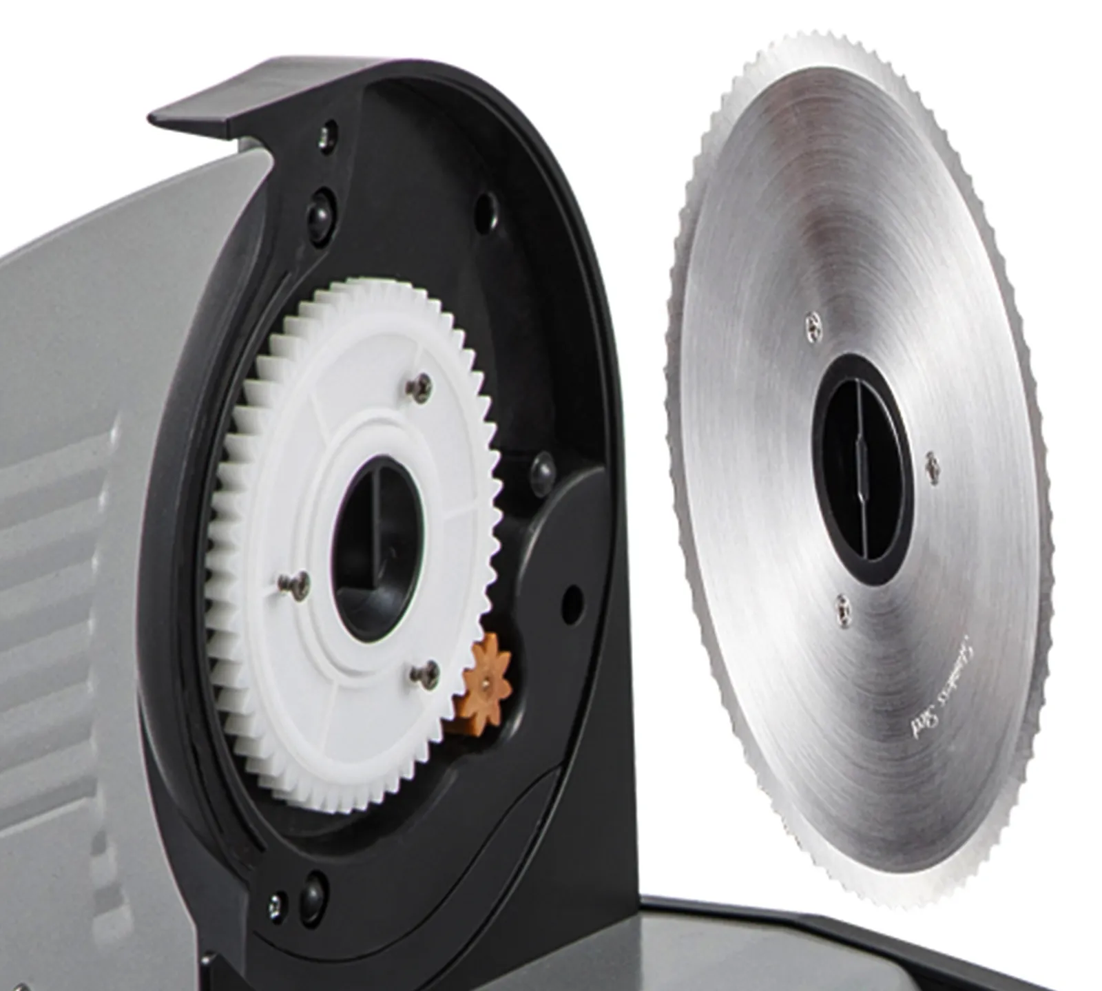 Cortadora de carne VEVOR con cuchilla expuesta y mecanismo de engranaje, que muestra componentes detallados.