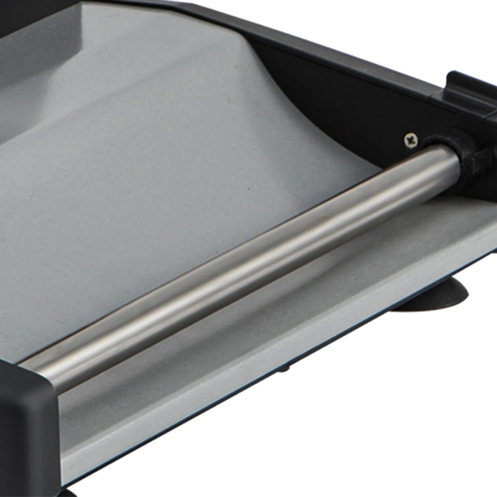 Barra de soporte de acero inoxidable en cortadora de carne VEVOR con panel de base gris y borde negro.