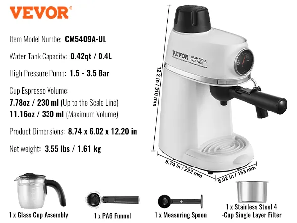 VEVOR espresso machine cm5409a-ul with 0.42qt tank, high pressure pump, and glass cup assembly.