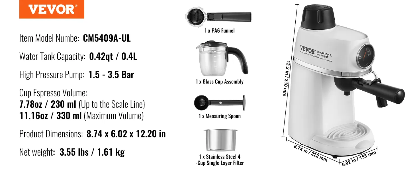 VEVOR espresso machine cm5409a-ul with 0.42qt tank, high pressure pump, and glass cup assembly.
