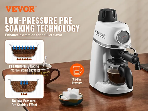 VEVOR espresso machine with low-pressure pre-soaking technology, pastries on wooden table, 3.5-bar pressure.