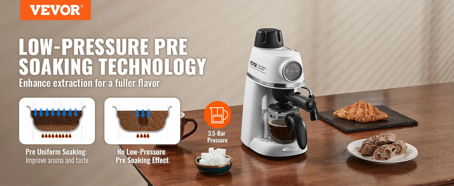 VEVOR espresso machine with low-pressure pre-soaking technology, pastries on wooden table, 3.5-bar pressure.