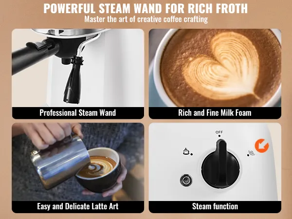 VEVOR espresso machine with steam wand, rich milk foam, latte art, and steam function on a wooden table.