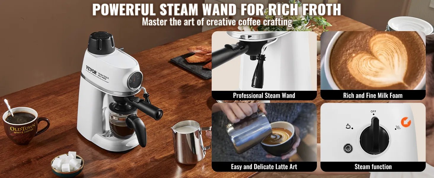 VEVOR espresso machine with steam wand, rich milk foam, latte art, and steam function on a wooden table.