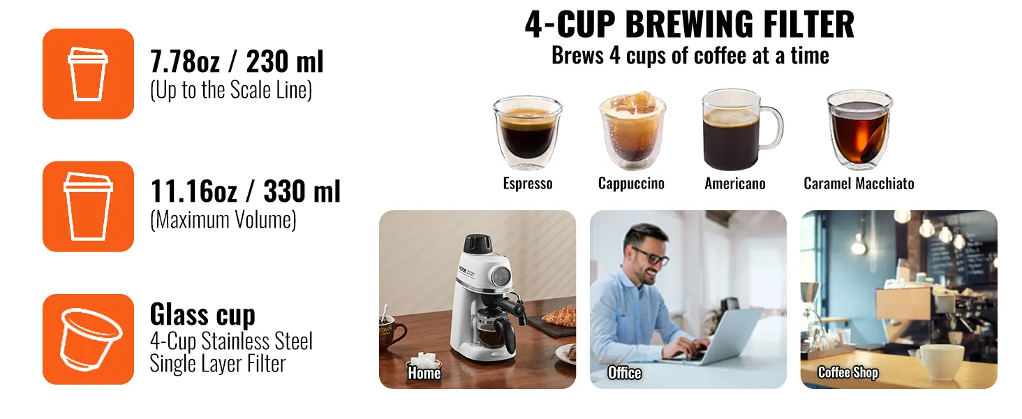 VEVOR espresso machine brews 4 espresso, cappuccino, americano, or caramel macchiato cups at home, office, or coffee shop.
