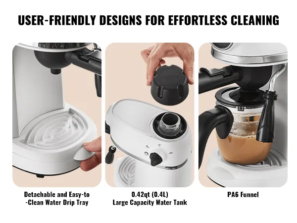 VEVOR espresso machine with detachable drip tray, large water tank, and pa6 funnel for easy cleaning.