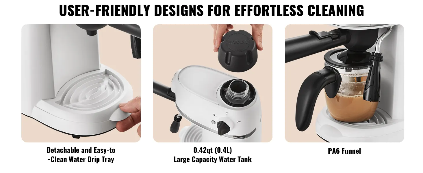 VEVOR espresso machine with detachable drip tray, large water tank, and pa6 funnel for easy cleaning.