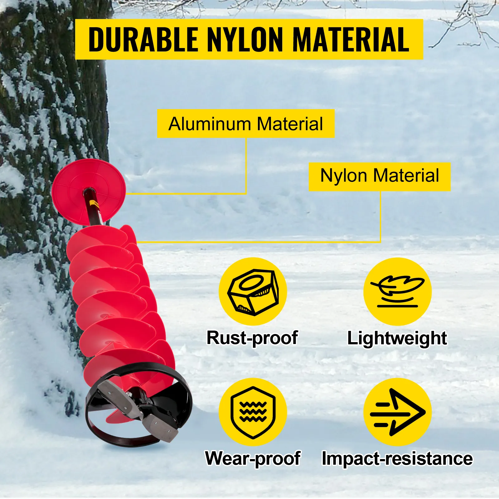VEVOR ice drill auger with red nylon spiral, highlighting rust-proof, lightweight, wear-proof qualities.