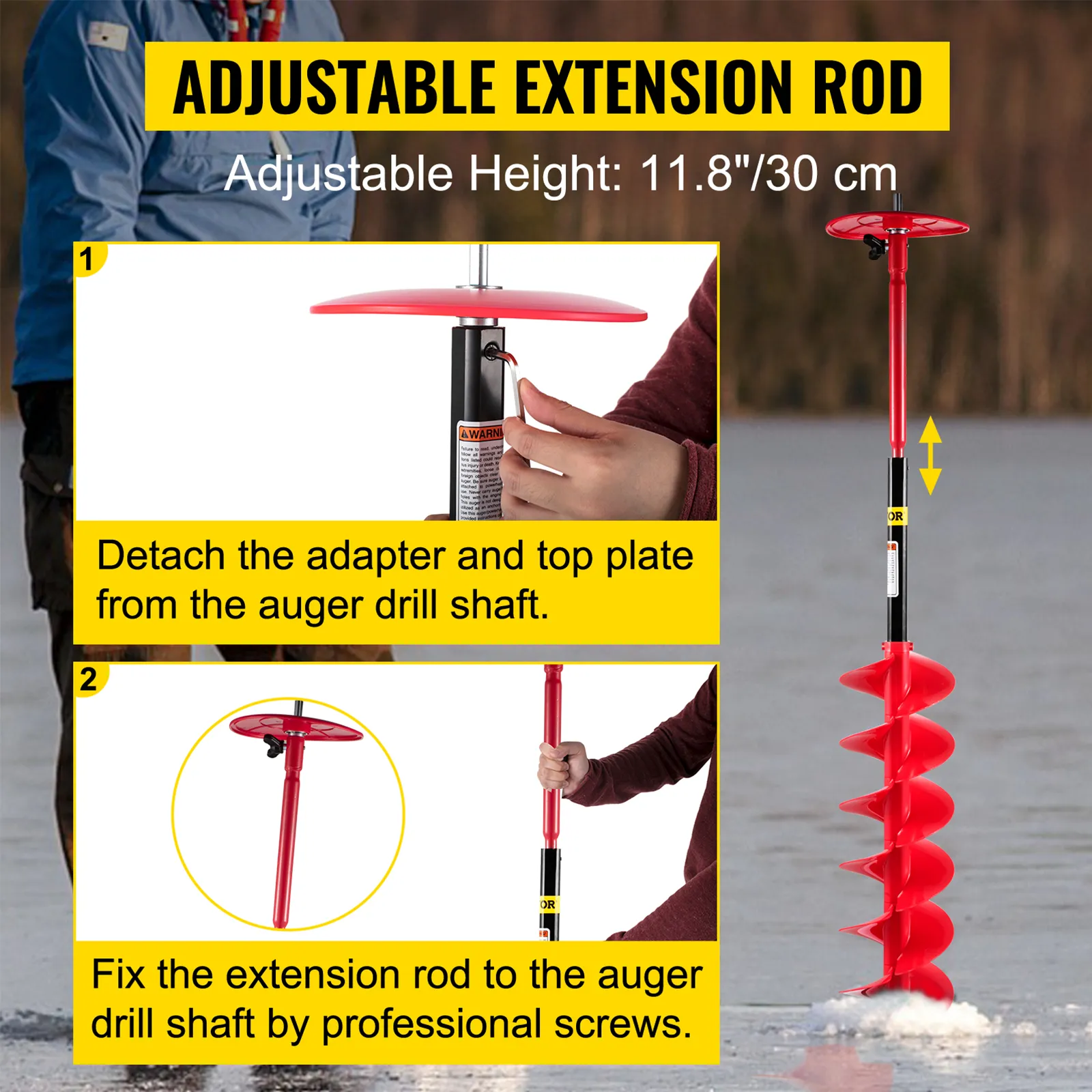 adjustable VEVOR ice drill auger with extension rod in use on frozen lake.