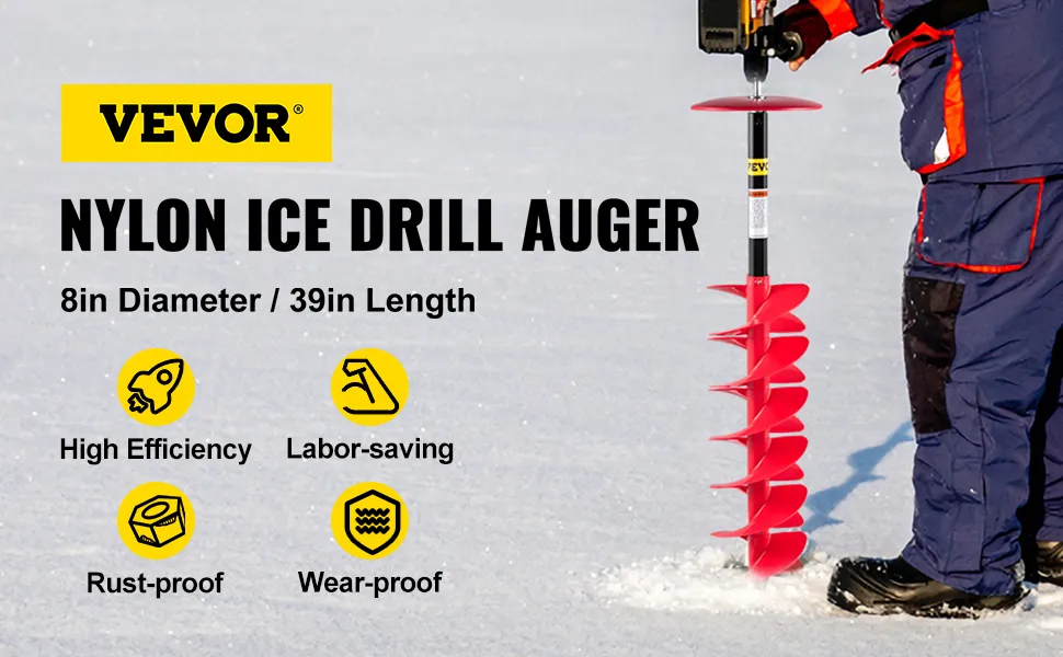 VEVOR ice drill auger: 8in diameter, 39in length, rust-proof, wear-proof, labor-saving.