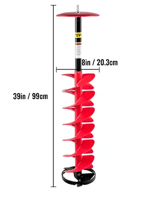 VEVOR ice drill auger, 39in height and 8in diameter, red spiral drill.